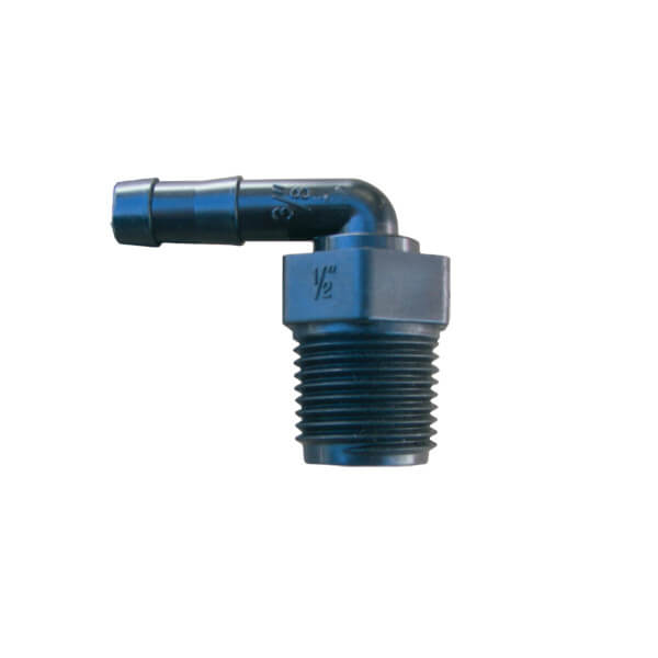 HB-050x038-90 Poly 90° Hose Barb Fitting – 1/2" Pipe x 3/8" Barb