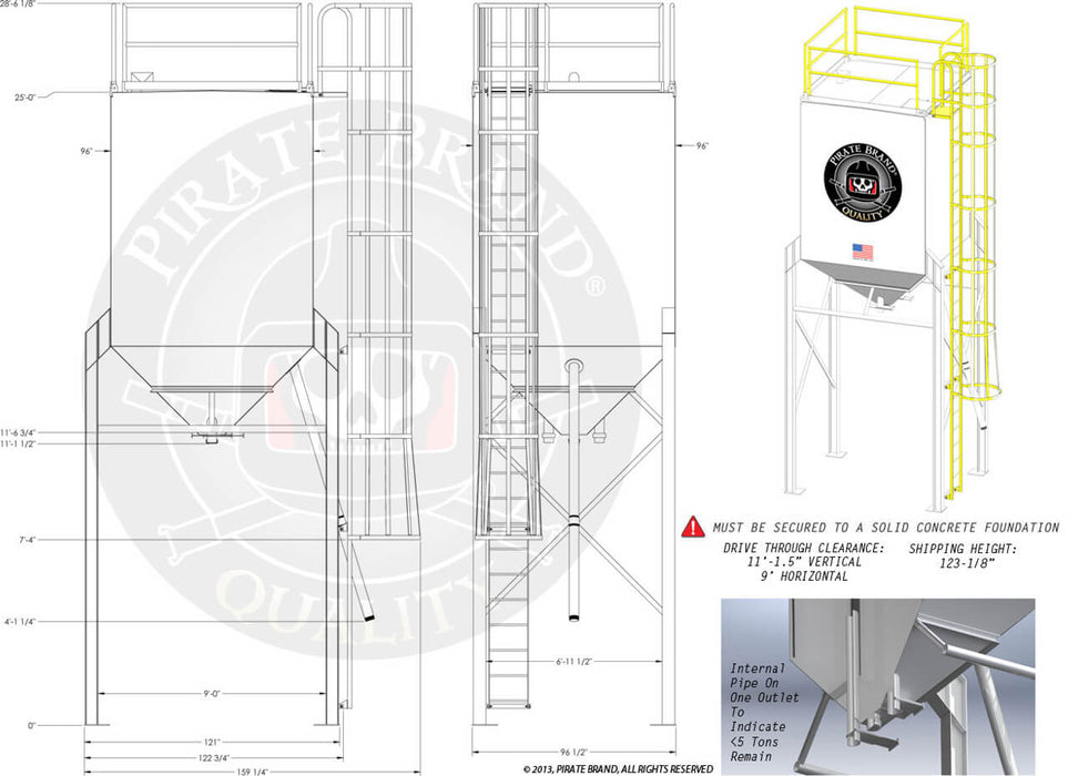 Removable 42″ Hand Railings with Toe Kick – For 725 cu. ft. Storage Hopper (Factory Installed)