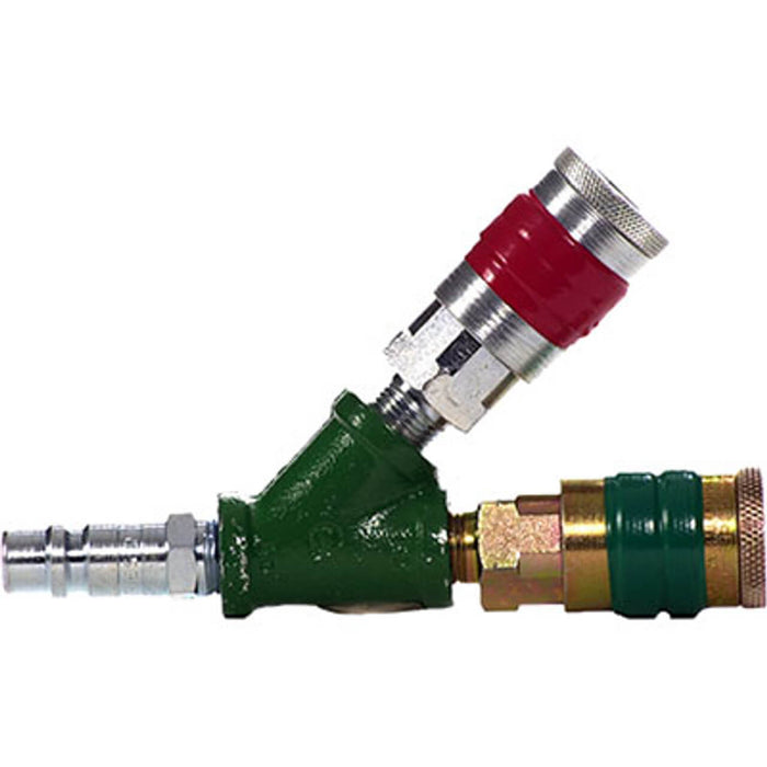 Bullard Free-Air Pump Quick-Disconnect Coupler Splitter – 1/2" Industrial Interchange, Flow-Through (Green Band) & Shut-Off (Red Band)